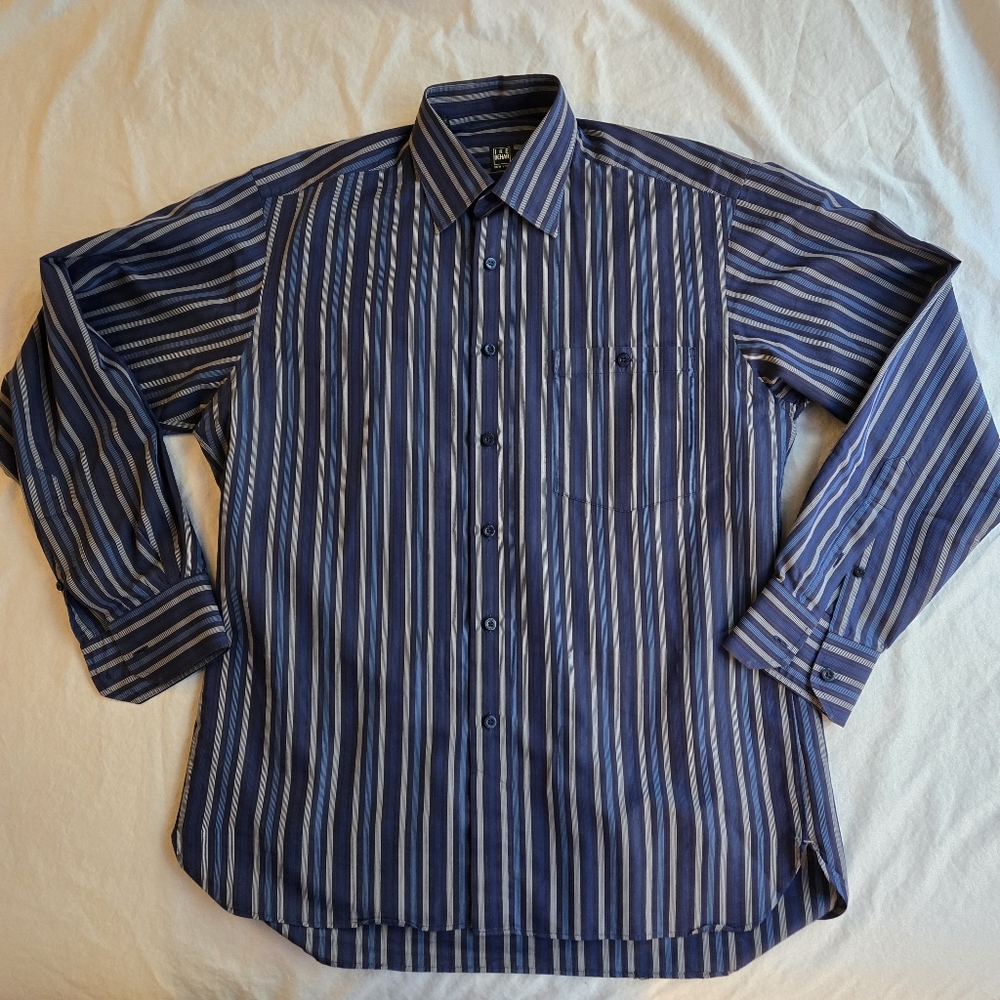 Ike Behar Navy Blue White Striped Button Down 100% Cotton